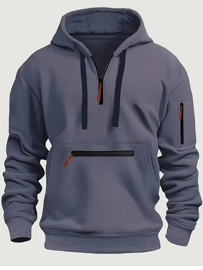 Thick, Warm, Oversized Men's Casual Zip-Up Hoodie - Kangaroo Pocket, Polyester Blend - Fall and Winter