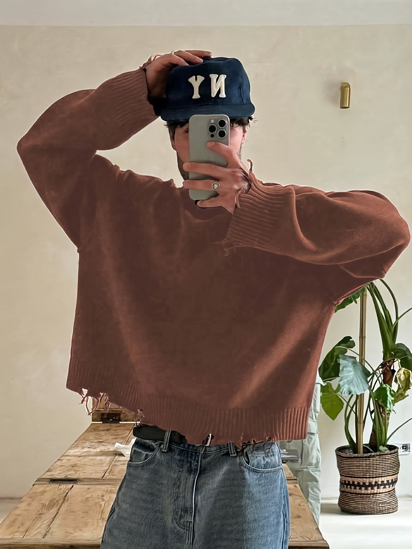 Street Style Chic Unisex Long Sleeve Crew Neck Knit Sweater with Fringe Detail - Loose Fit, Comfortable Drop Shoulder Design for Fall\u002FWinter