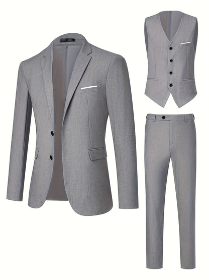 Men's Three-Piece Suit Set with Vest, Trousers, and Tie for Weddings and Formal Occasions