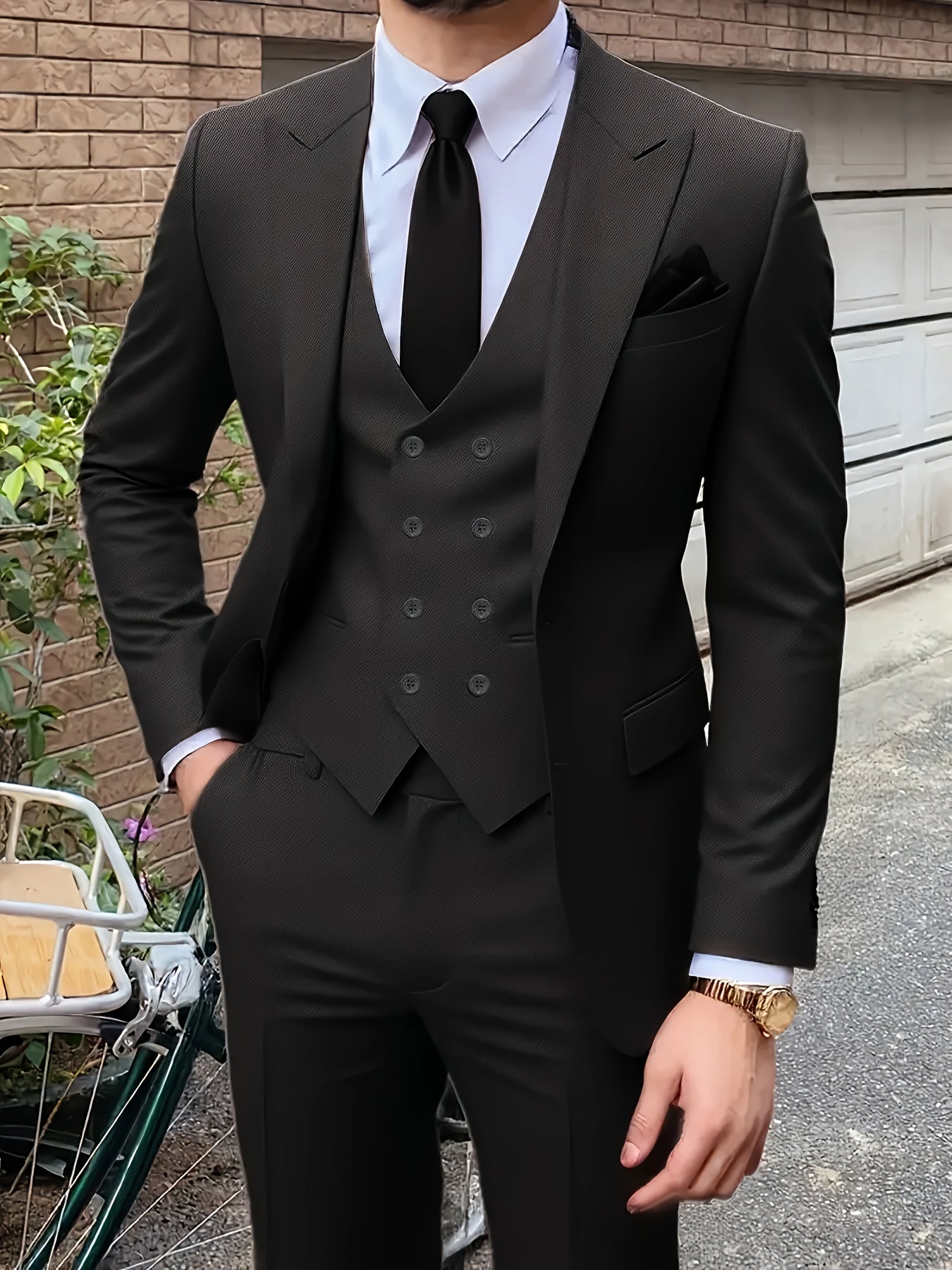 Men'S Premium Three-Piece Suit - Formal Blazer, Trousers & Vest with Black Tie & Pocket Square - Ideal for Weddings, Work, and Formal Events - Durable Woven Fabric,