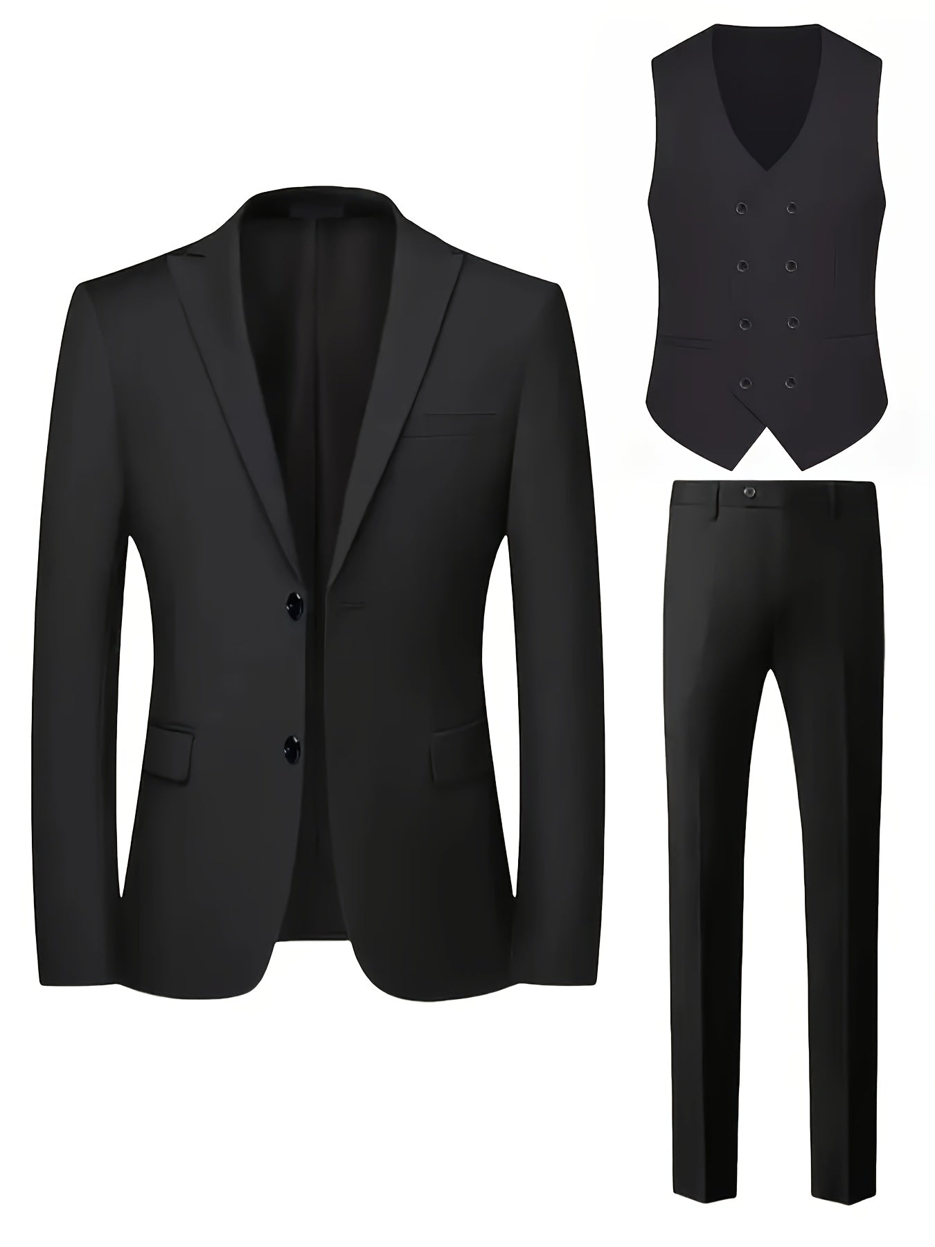 Men'S Premium Three-Piece Suit - Formal Blazer, Trousers & Vest with Black Tie & Pocket Square - Ideal for Weddings, Work, and Formal Events - Durable Woven Fabric,