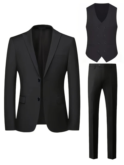 Men'S Premium Three-Piece Suit - Formal Blazer, Trousers & Vest with Black Tie & Pocket Square - Ideal for Weddings, Work, and Formal Events - Durable Woven Fabric,