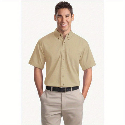 Port Authority Men's Short Sleeve Twill Shirt S500T - 5-Ounce Heavyweight 100%, Wrinkle-Resistant & Easy-Care, Classic Pointed Collar with Horn Buttons,