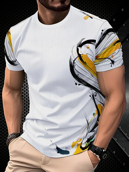 Men's Korean Style Casual T-Shirt - Breathable Short Sleeve Round Neck Tee with Abstract Graphic Print, Regular Fit
