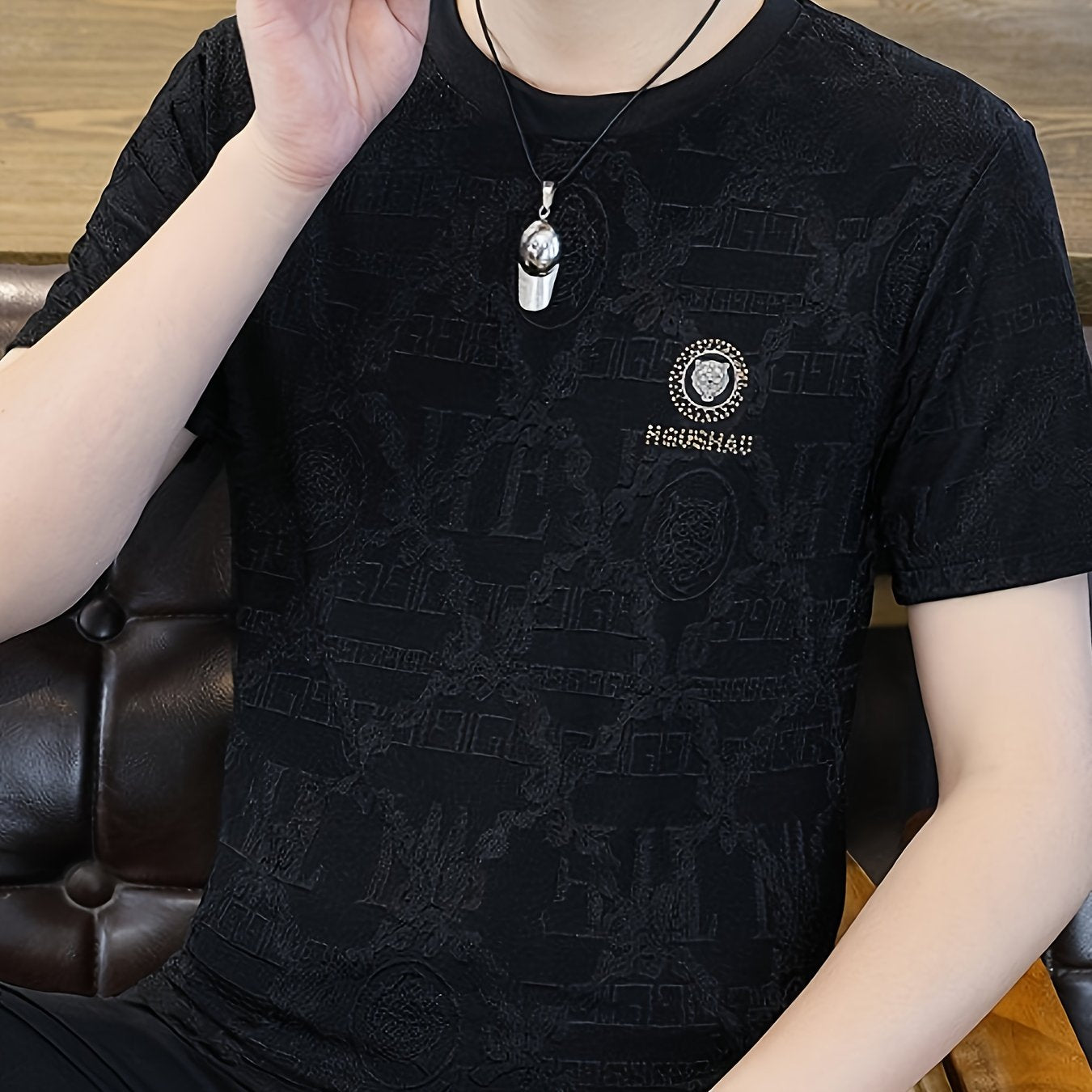 Men'S Elegant Black Short-Sleeve T-Shirt with Intricate Design - Casual Summer Top for Spring\u002FFall
