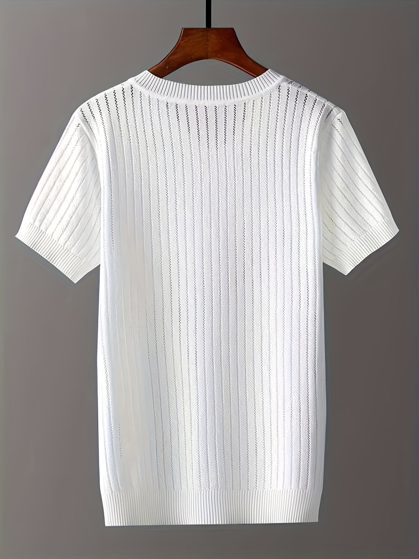 Men's Ice Silky Fiber V-Neck Short Sleeve Knit Sweater - Semi-Sheer Openwork Design, Solid Color Casual Pullover for Spring & Fall, Breathable & Versatile