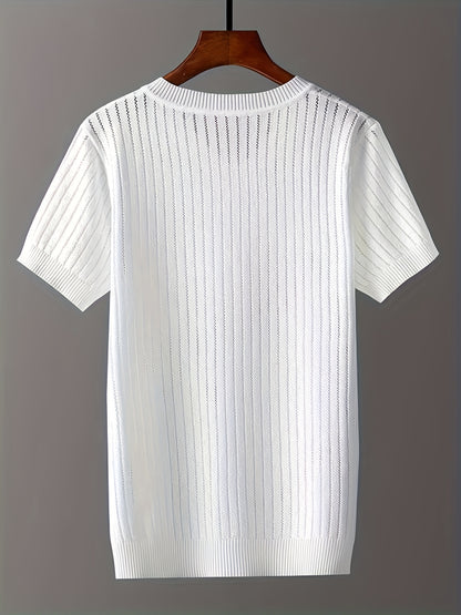 Men's Ice Silky Fiber V-Neck Short Sleeve Knit Sweater - Semi-Sheer Openwork Design, Solid Color Casual Pullover for Spring & Fall, Breathable & Versatile