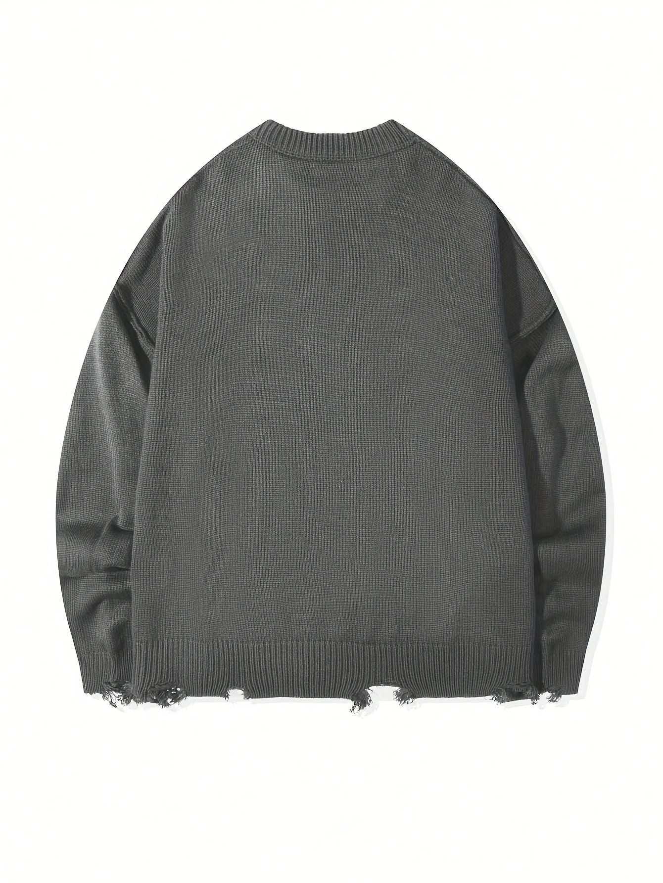 Street Style Chic Unisex Long Sleeve Crew Neck Knit Sweater with Fringe Detail - Loose Fit, Comfortable Drop Shoulder Design for Fall\u002FWinter