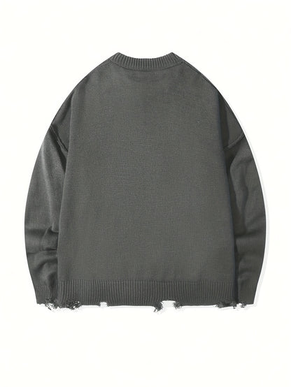 Street Style Chic Unisex Long Sleeve Crew Neck Knit Sweater with Fringe Detail - Loose Fit, Comfortable Drop Shoulder Design for Fall\u002FWinter