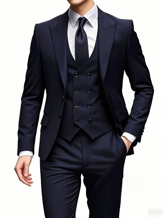 Men's Notch Lapel Suit Set, Single-Breasted Double-Breasted Jacket with Pants and Vest, Suitable for Formal Wear, Wedding Attire, Workwear, or Festive Gift