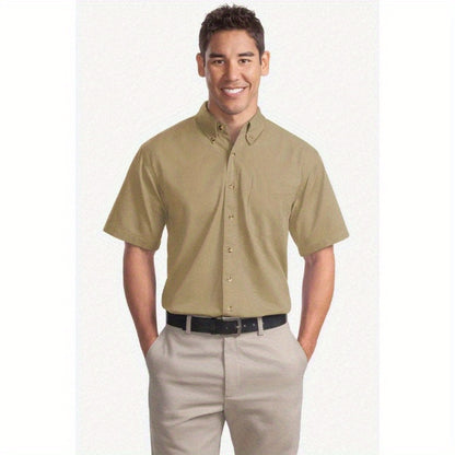 Port Authority Men's Short Sleeve Twill Shirt S500T - 5-Ounce Heavyweight 100%, Wrinkle-Resistant & Easy-Care, Classic Pointed Collar with Horn Buttons,