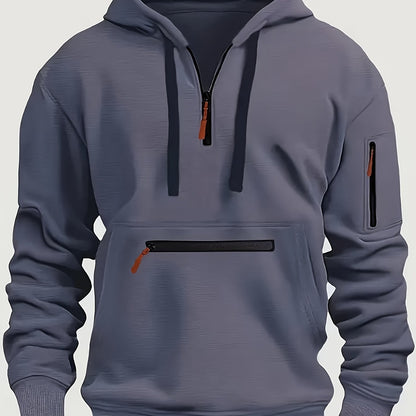 Thick, Warm, Oversized Men's Casual Zip-Up Hoodie - Kangaroo Pocket, Polyester Blend - Fall and Winter