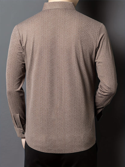 Men's Breathable Long Sleeve Button-Up Shirt - Casual Business Style, Solid Brown, Lightweight Fabric for Spring\u002FFall, Perfect for Office or Leisure Outings,
