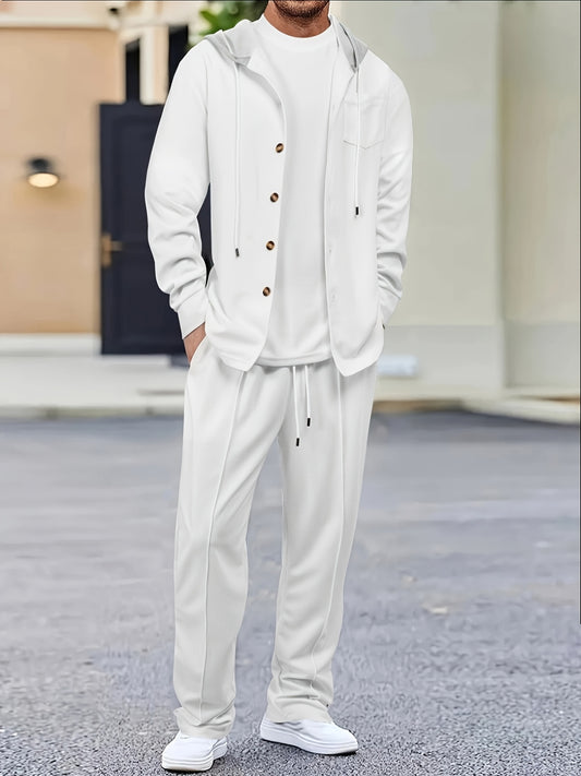 Comfortable Waffle Knit Set Men's Comfortable Two-Piece Waffle Knit Set | Hooded Button-Up Cardigan and Drawstring Sweatpants