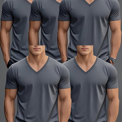 Men'S Summer Classic V-Neck Casual Short Sleeve T-Shirt Set of Five Pieces: Black, White, Gray, Navy Blue, and Dark Gray with Orange Print, PLUS SIZE