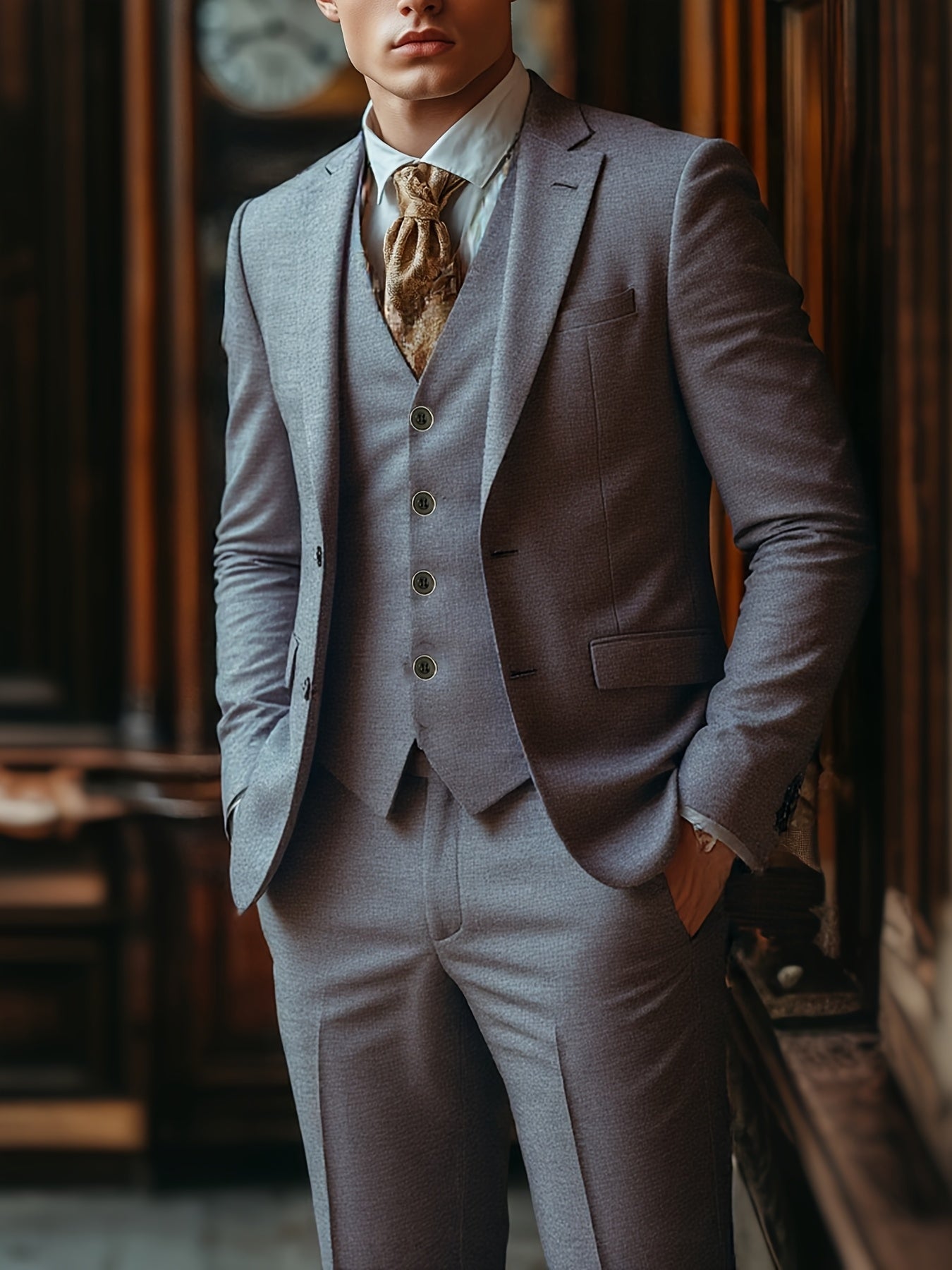 Men's Three-Piece Suit Set with Vest, Trousers, and Tie for Weddings and Formal Occasions