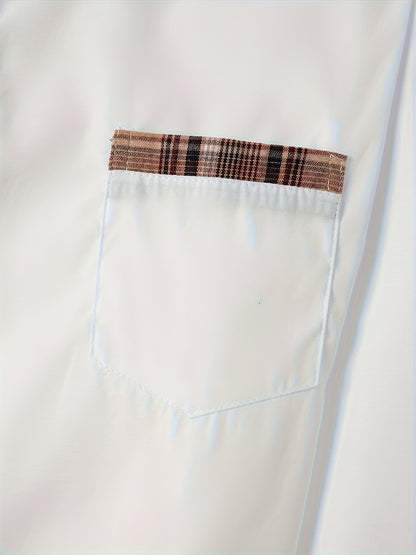 Men'S Casual Long Sleeve Shirt with Color Block Pocket Design - Comfortable Collar, Breathable Fabric,