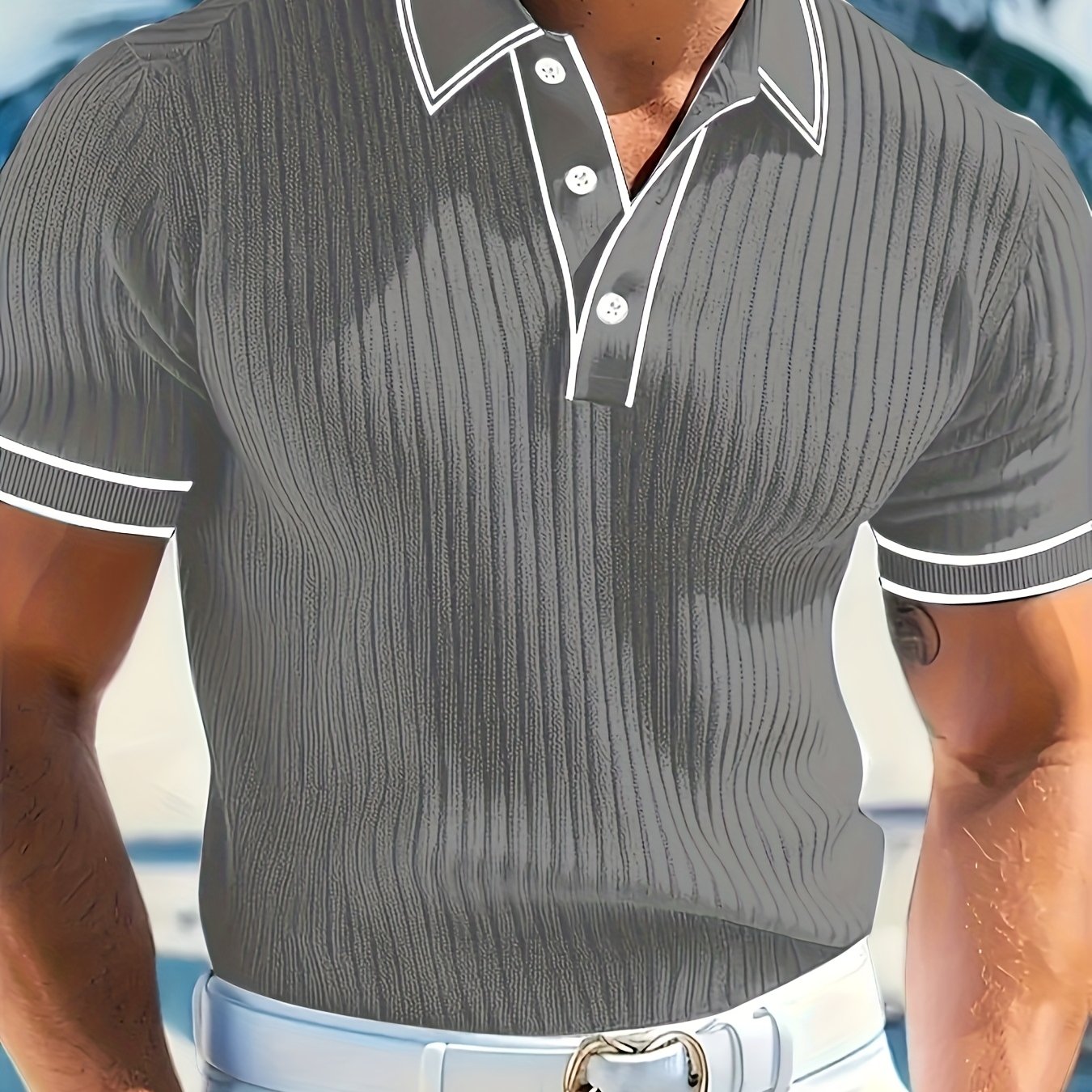 Textured Striped Shirt Textured Striped Collar Men's Short Sleeve Shirt | Solid Color, Regular Fit, Machine Washable, Versatile for Business Casual & Formal Occasions