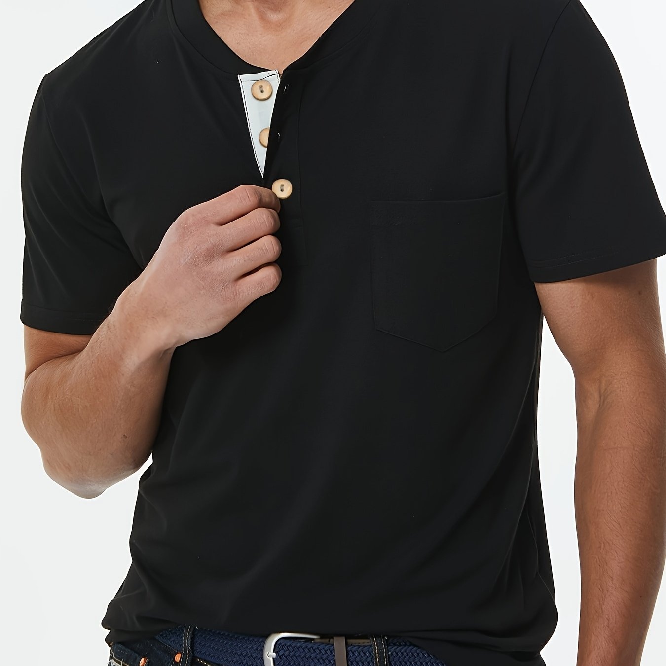 Stylish T-Shirt Soft Stretch Men's Plus Size Casual Henley T-Shirt | Lightweight 175gsm, Regular Fit Round Neck with Chest Pocket & Button Detail,