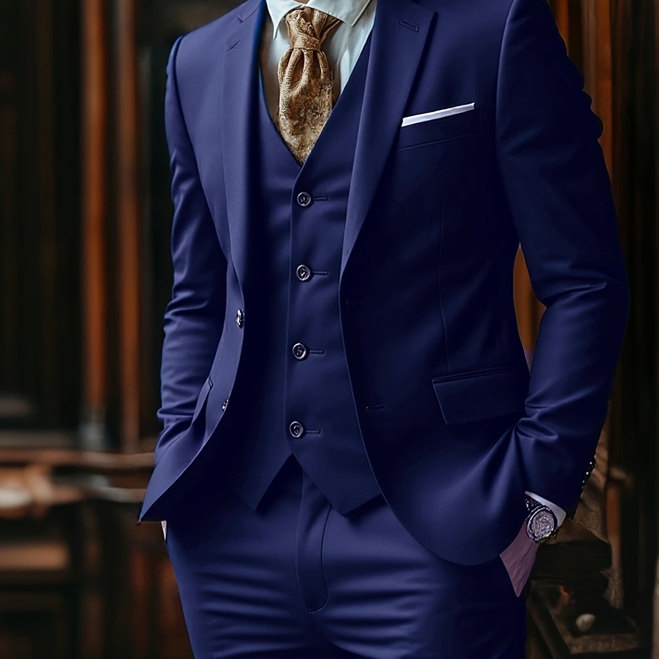 Men's Three-Piece Suit Set with Vest, Trousers, and Tie for Weddings and Formal Occasions
