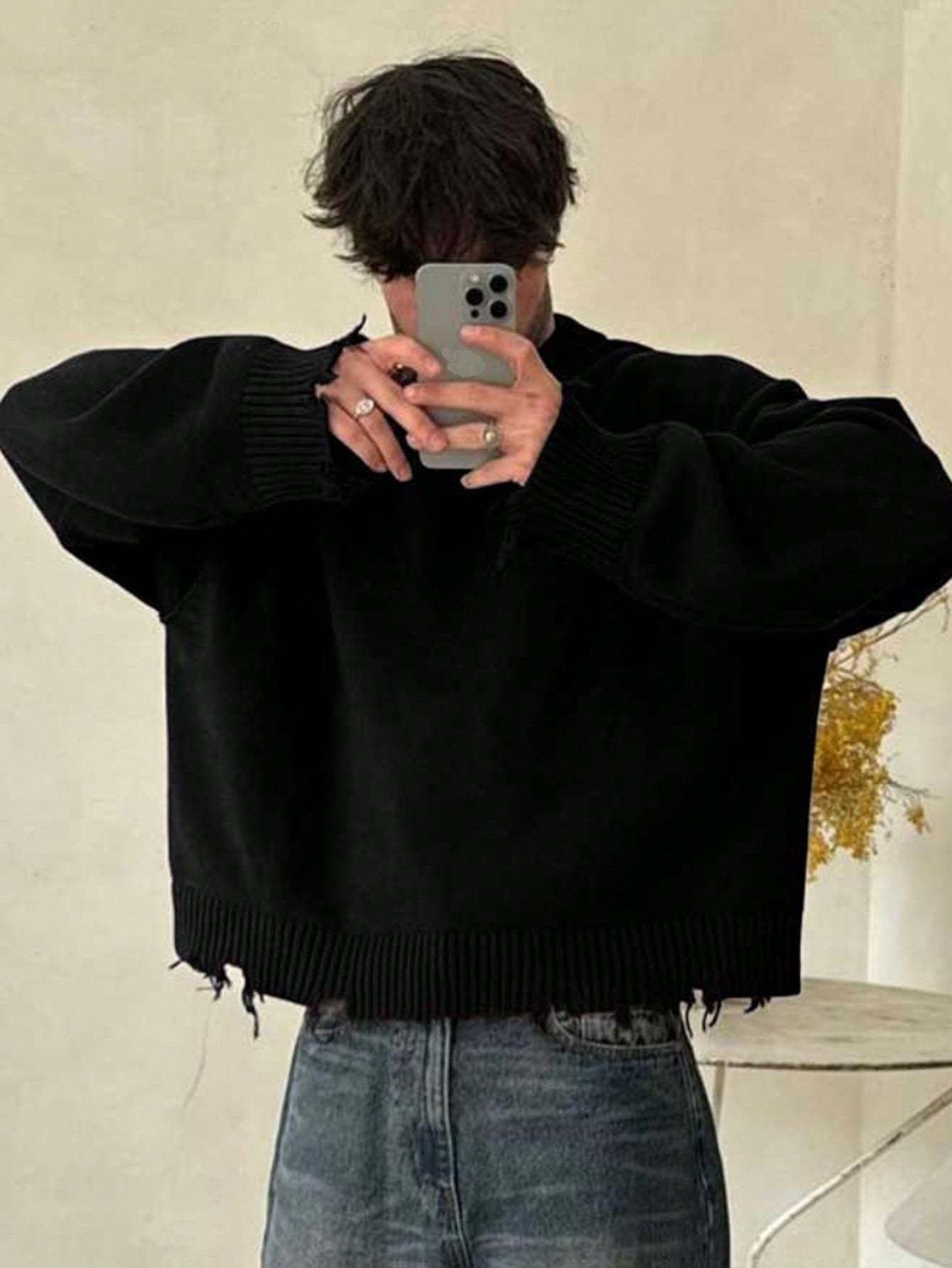 Street Style Chic Unisex Long Sleeve Crew Neck Knit Sweater with Fringe Detail - Loose Fit, Comfortable Drop Shoulder Design for Fall\u002FWinter