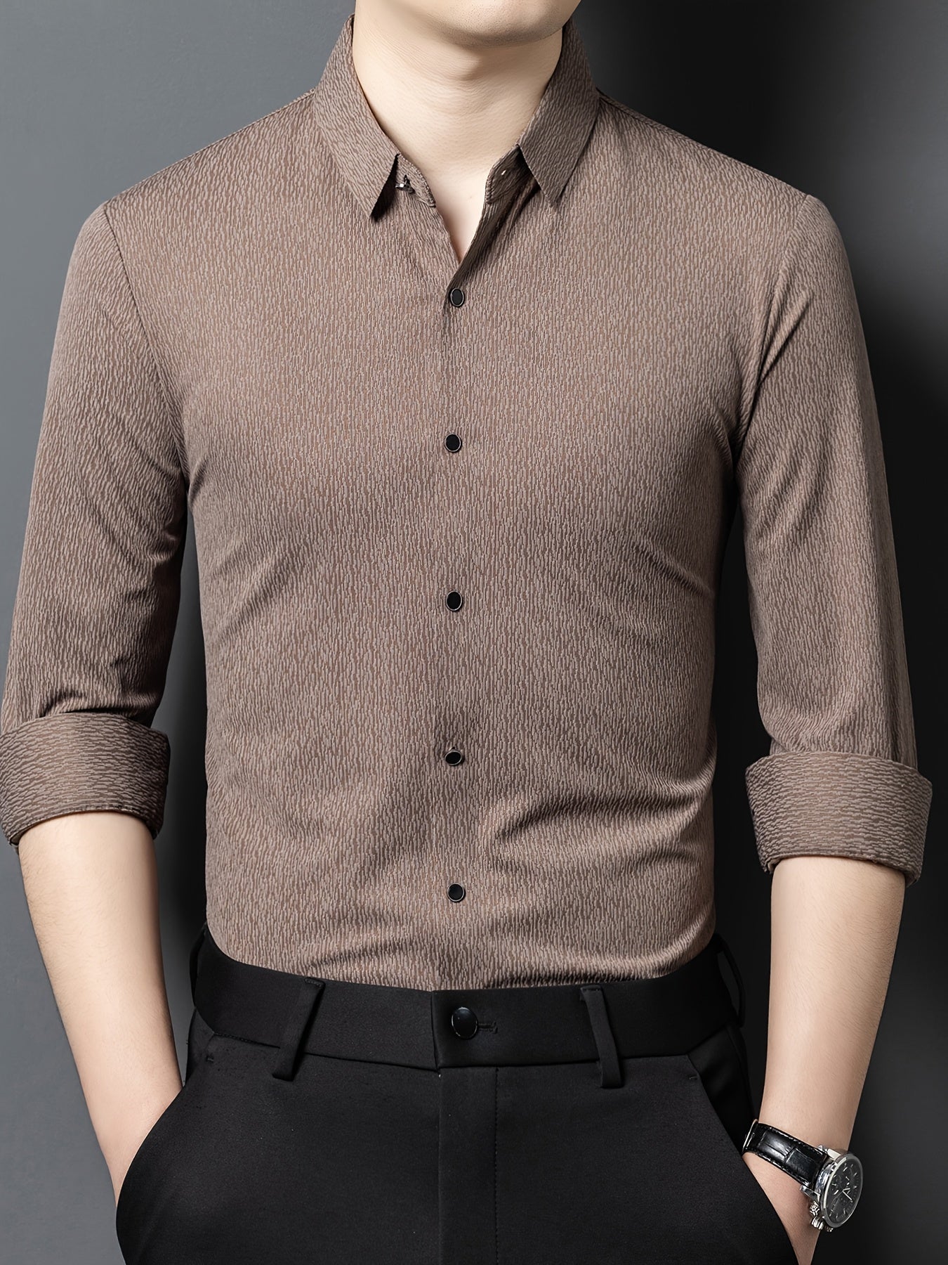 Men's Breathable Long Sleeve Button-Up Shirt - Casual Business Style, Solid Brown, Lightweight Fabric for Spring\u002FFall, Perfect for Office or Leisure Outings,