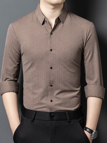 Men's Breathable Long Sleeve Button-Up Shirt - Casual Business Style, Solid Brown, Lightweight Fabric for Spring\u002FFall, Perfect for Office or Leisure Outings,