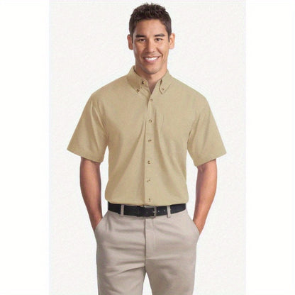 Port Authority Men's Short Sleeve Twill Shirt S500T - 5-Ounce Heavyweight 100%, Wrinkle-Resistant & Easy-Care, Classic Pointed Collar with Horn Buttons,