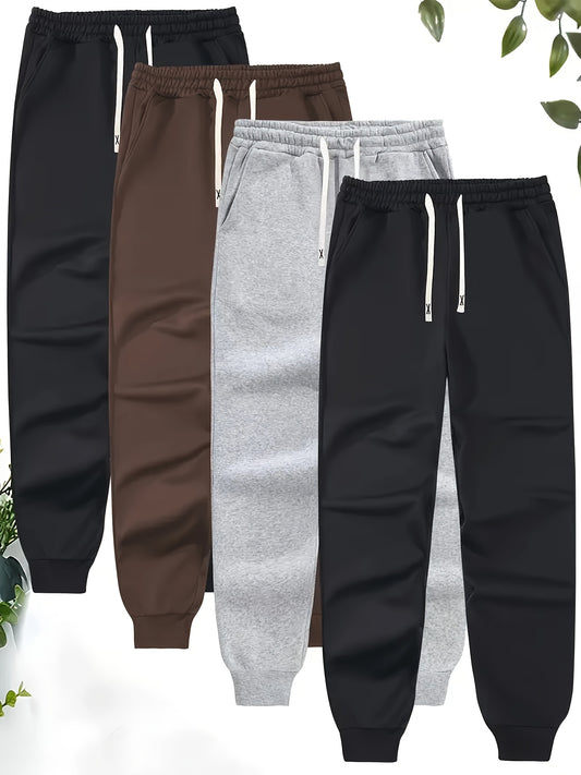 Mens Sports Jogger Pants 4pcs Plus Size Men's Sports Jogger Pants, Polyester Knit Fabric, Slight Stretch, Solid Color, Regular Fit,