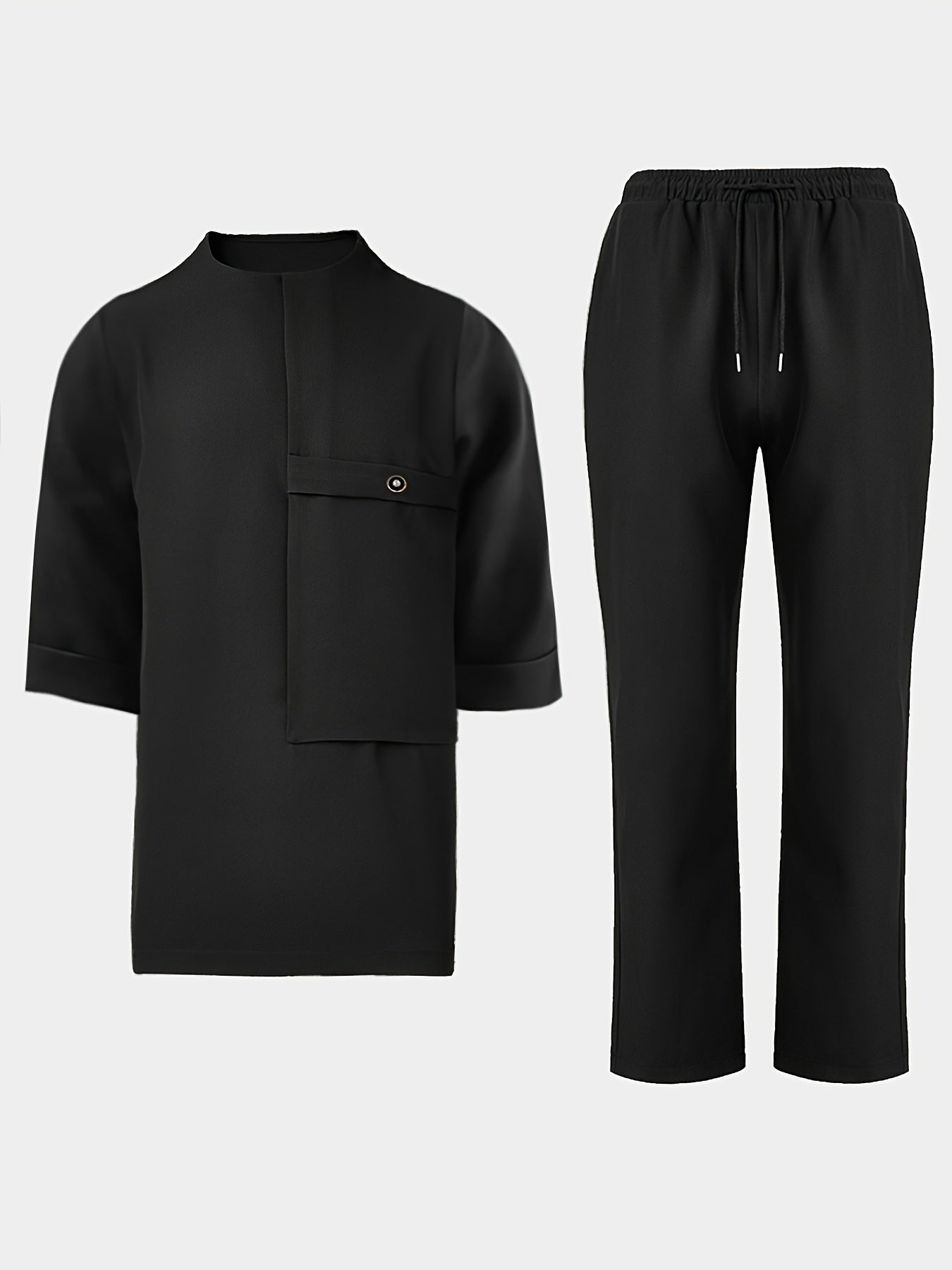 Men'S Suit, Short Sleeve Top, Round Neck, Fake Pocket Design, Hem Slit, Elastic Pants, Plus Size Men'S Suit, Men'S Casual Shirt and Pants Set,