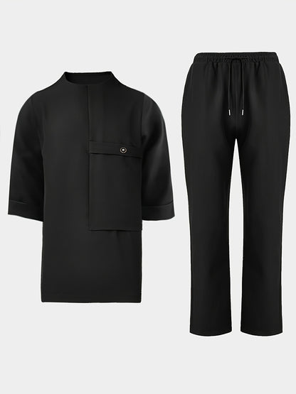Men'S Suit, Short Sleeve Top, Round Neck, Fake Pocket Design, Hem Slit, Elastic Pants, Plus Size Men'S Suit, Men'S Casual Shirt and Pants Set,
