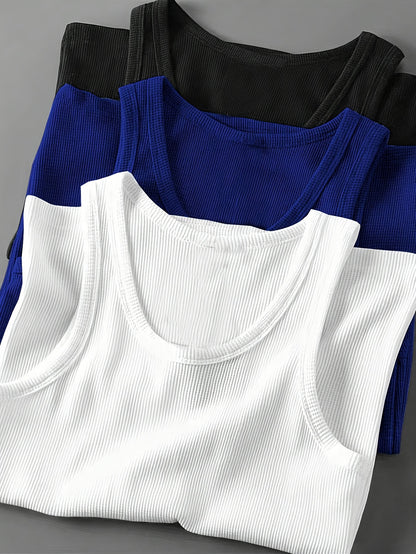 3pcs Men's Solid Color Sleeveless Tank Tops - Sporty Slim Fit, Breathable Stretch Fabric, Round Neck, Machine Washable, All-Season Casual & Athletic Wear