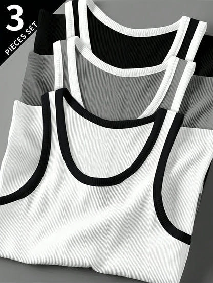 3pcs Men's Solid Color Sleeveless Tank Tops - Sporty Slim Fit, Breathable Stretch Fabric, Round Neck, Machine Washable, All-Season Casual & Athletic Wear