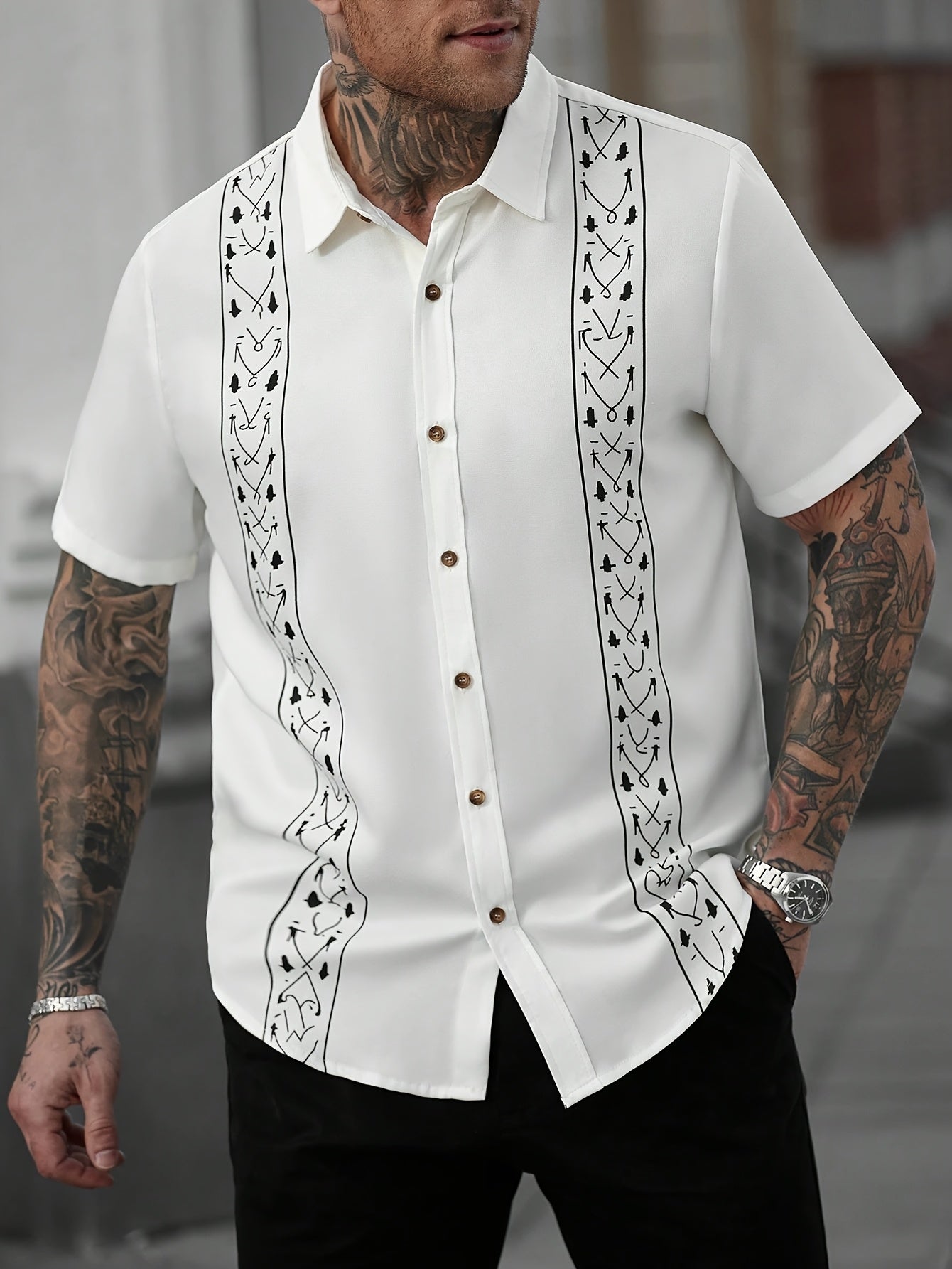 Quick-Dry Shirt Quick-Dry Men's Casual Button-Shirt | Ethnic Print, Short Sleeve, Lapel Collar, Summer Wear, Regular Fit