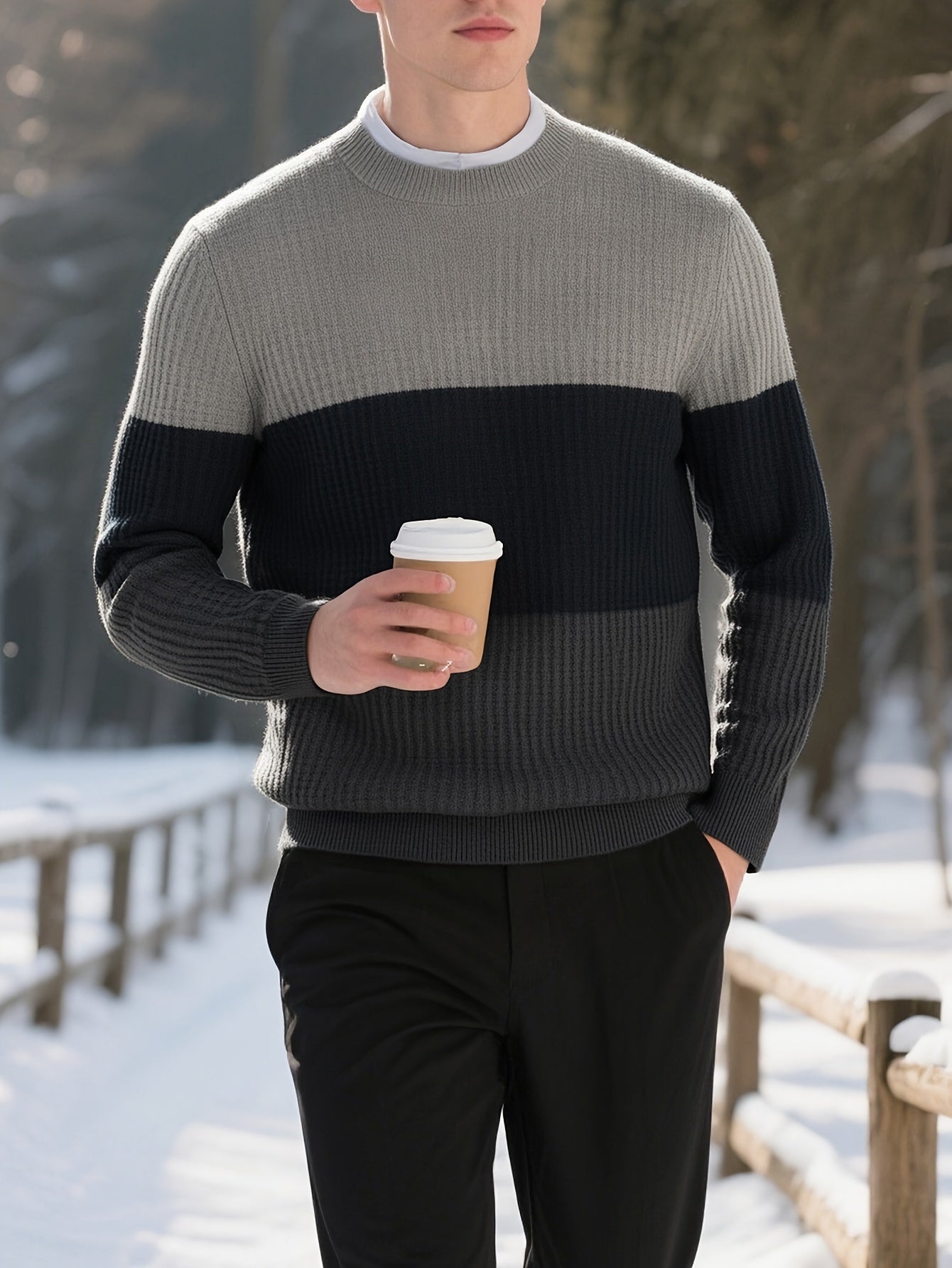 Men'S Sweater - Classic Pullover Sweater for Fall\u002FWinter, Soft Knit Long Sleeve Sweater in Dark Blue\u002FBlack\u002FGray\u002F