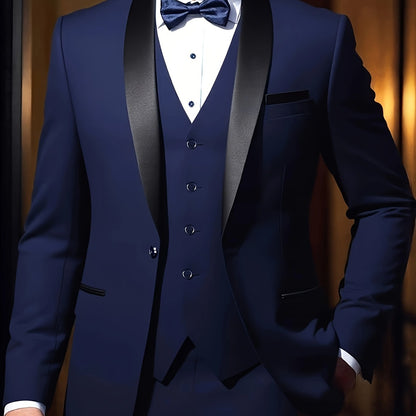 Three-Piece Formal Suit Set Men's Three-Piece Suit Set - Large Size Formal Attire with Notch Lapel, Includes Trousers & Vest for Weddings, Work & Festive Gifts