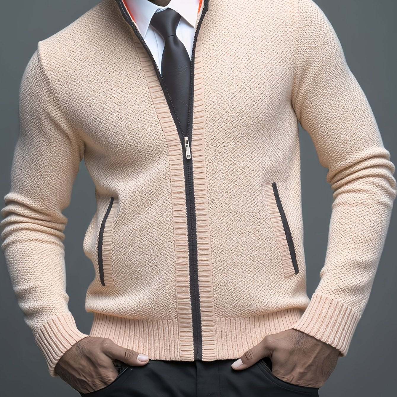 Stylish Men's Cardigan Soft Knit Men's Light Beige Open-Front Cardigan | Stylish Versatile Zip-Up Jacket for Office, Golf, and Casual Wear - H-Line Fit,