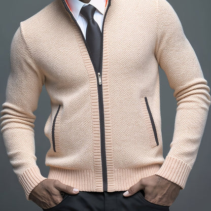 Stylish Men's Cardigan Soft Knit Men's Light Beige Open-Front Cardigan | Stylish Versatile Zip-Up Jacket for Office, Golf, and Casual Wear - H-Line Fit,