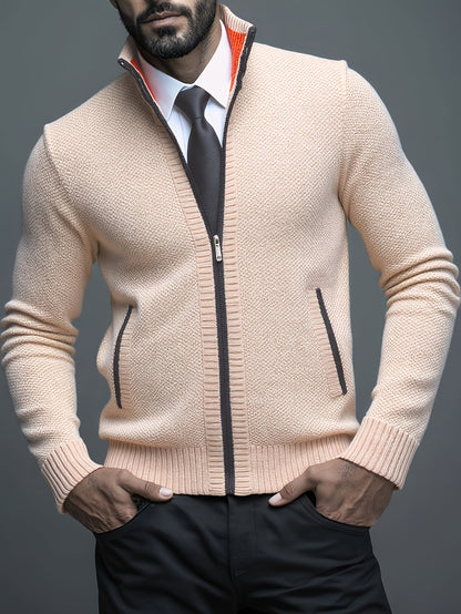 Stylish Men's Cardigan Soft Knit Men's Light Beige Open-Front Cardigan | Stylish Versatile Zip-Up Jacket for Office, Golf, and Casual Wear - H-Line Fit,