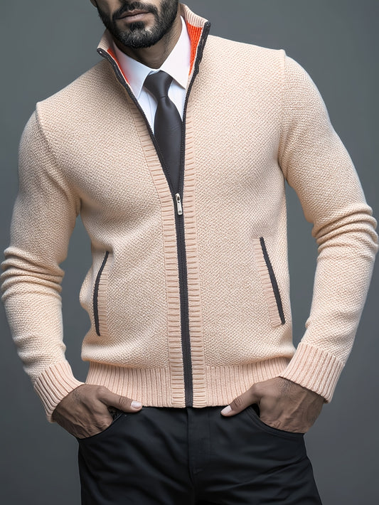 Stylish Men's Cardigan Soft Knit Men's Light Beige Open-Front Cardigan | Stylish Versatile Zip-Up Jacket for Office, Golf, and Casual Wear - H-Line Fit,