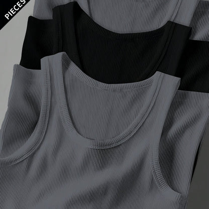 3pcs Men's Solid Color Sleeveless Tank Tops - Sporty Slim Fit, Breathable Stretch Fabric, Round Neck, Machine Washable, All-Season Casual & Athletic Wear