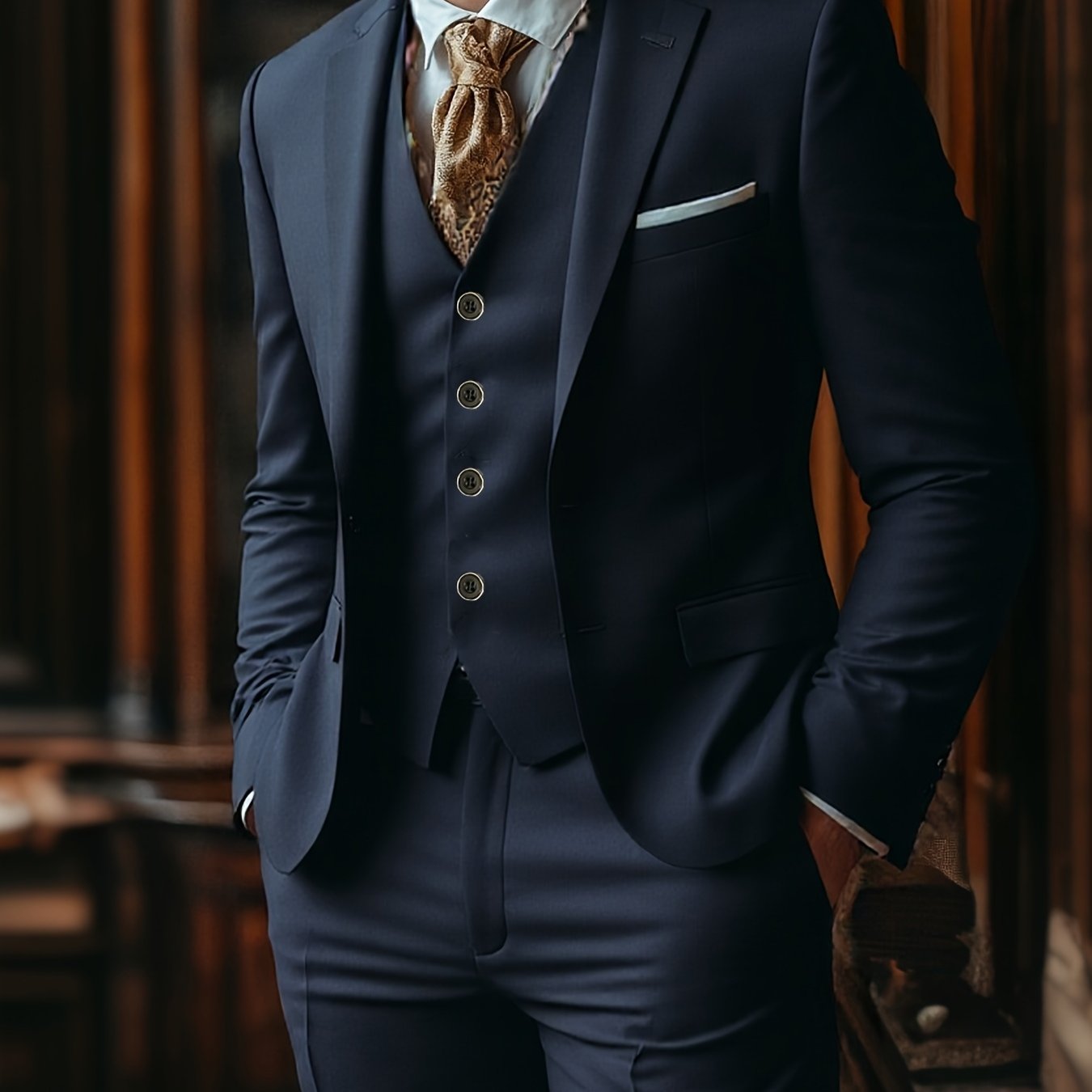 Men's Three-Piece Suit Set with Vest, Trousers, and Tie for Weddings and Formal Occasions