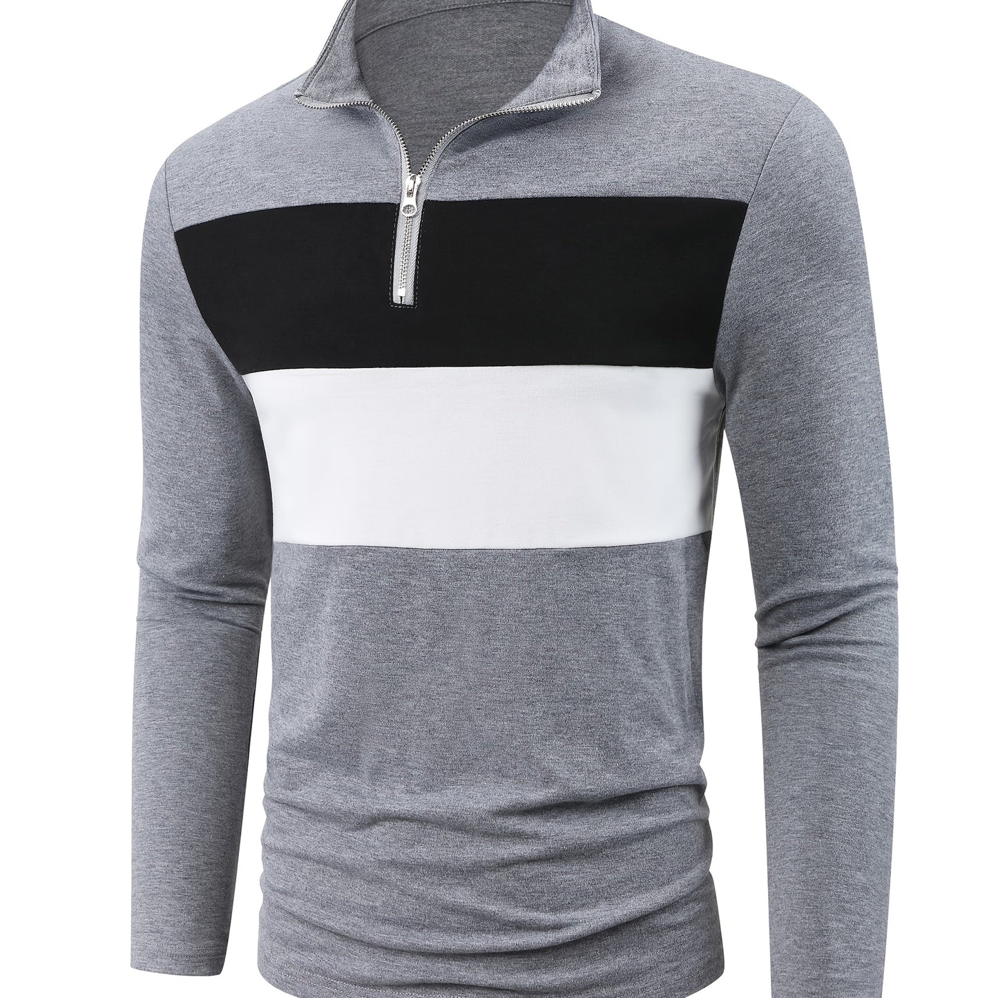 Stretchy T-Shirt Casual Stretchy Polyester Blend Men's Color Block Half-Zip Collared Long Sleeve T-Shirt | Machine Washable, Ideal for Spring & Fall