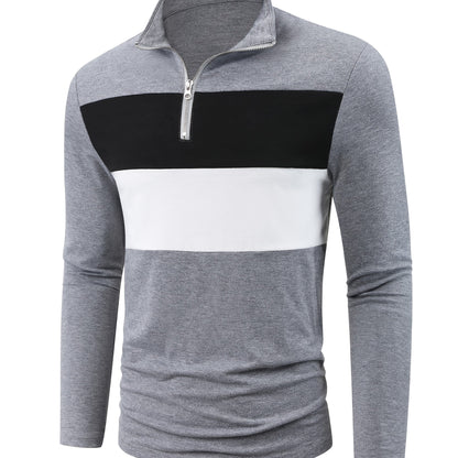 Stretchy T-Shirt Casual Stretchy Polyester Blend Men's Color Block Half-Zip Collared Long Sleeve T-Shirt | Machine Washable, Ideal for Spring & Fall