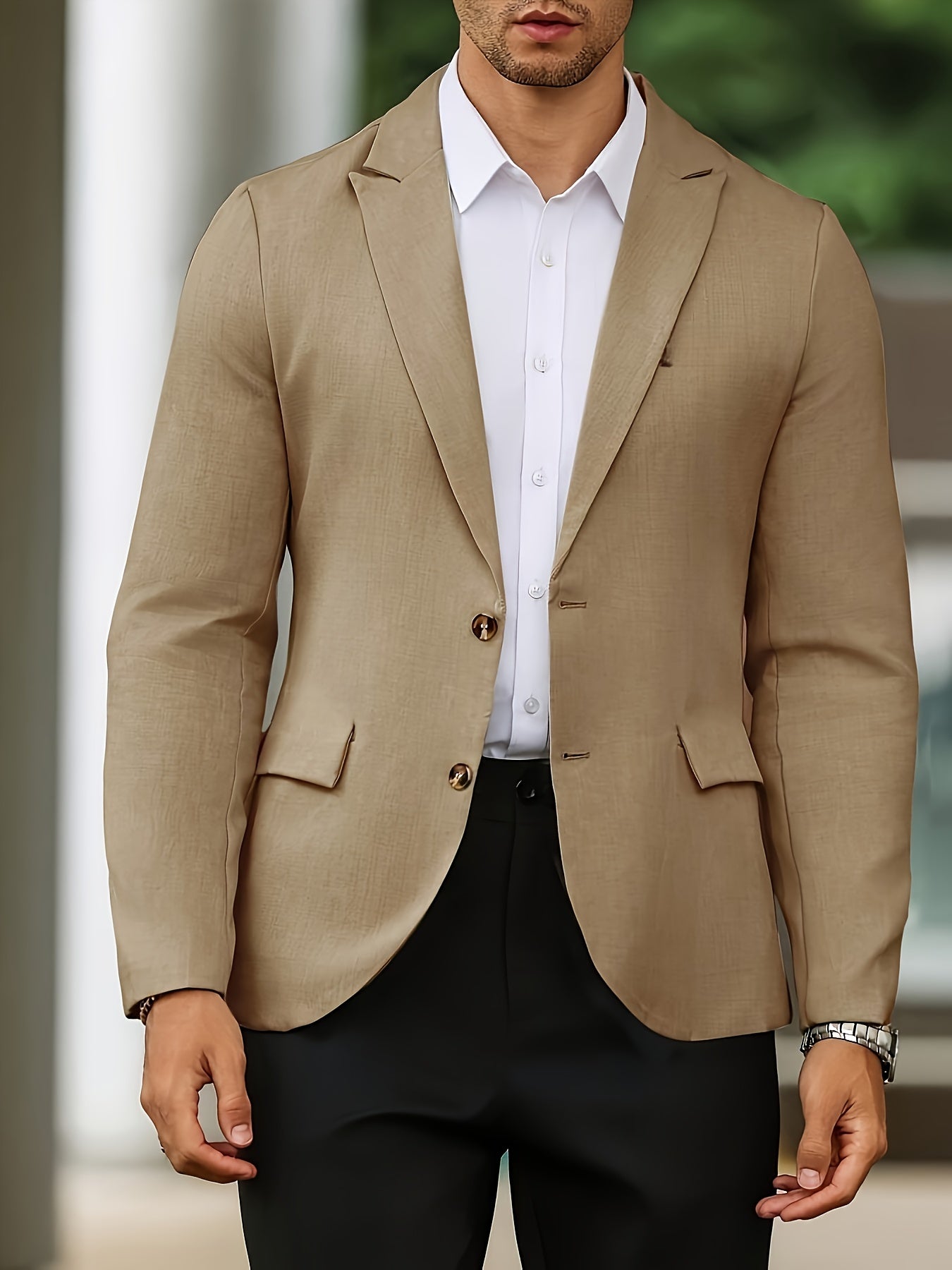 Stylish Casual Blazer Classic Men's Beige Casual Blazer | Long Sleeve Button-Up with Lapel Collar, Regular Fit for Business,