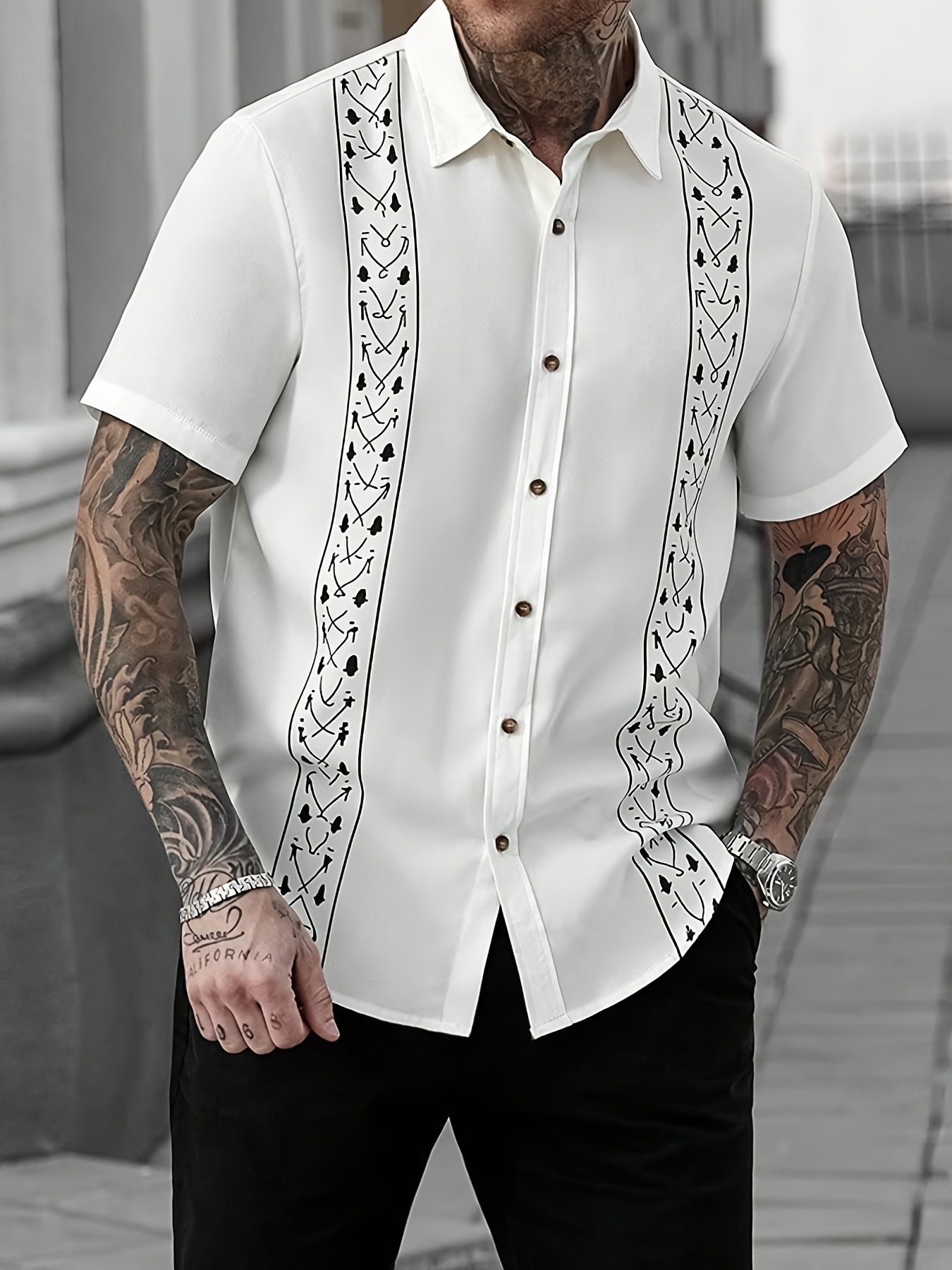Quick-Dry Shirt Quick-Dry Men's Casual Button-Shirt | Ethnic Print, Short Sleeve, Lapel Collar, Summer Wear, Regular Fit