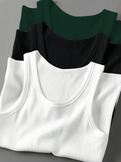 3pcs Men's Solid Color Sleeveless Tank Tops - Sporty Slim Fit, Breathable Stretch Fabric, Round Neck, Machine Washable, All-Season Casual & Athletic Wear