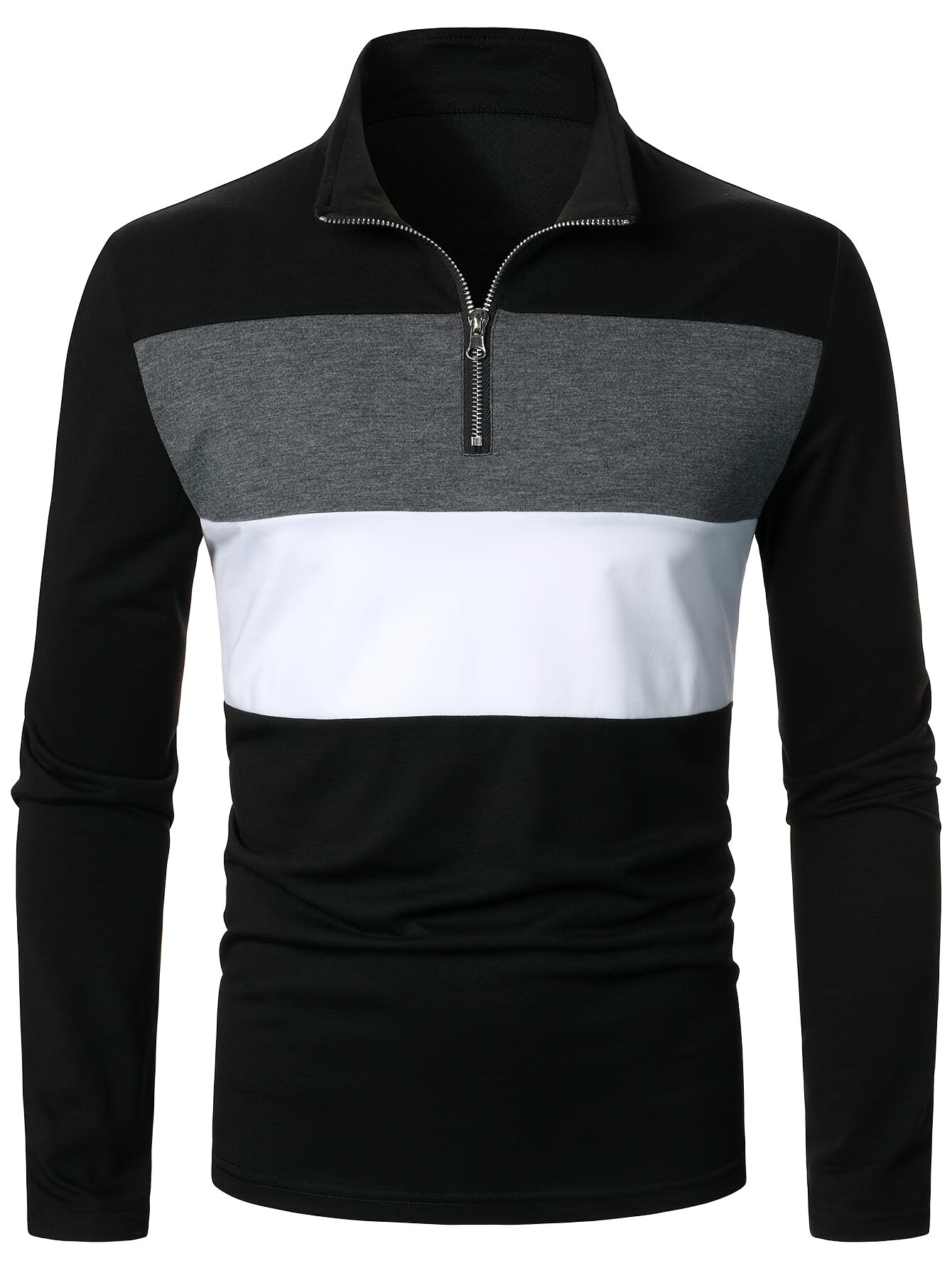 Stretchy T-Shirt Casual Stretchy Polyester Blend Men's Color Block Half-Zip Collared Long Sleeve T-Shirt | Machine Washable, Ideal for Spring & Fall