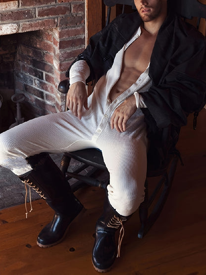 Men's Lightweight Slim-Fit Long Sleeve Bodysuit - Stretchy Non-Transparent Fabric, Full Coverage Comfort for Lounge, Sleep & Casual Wear - Soft Breathable Easy-Care
