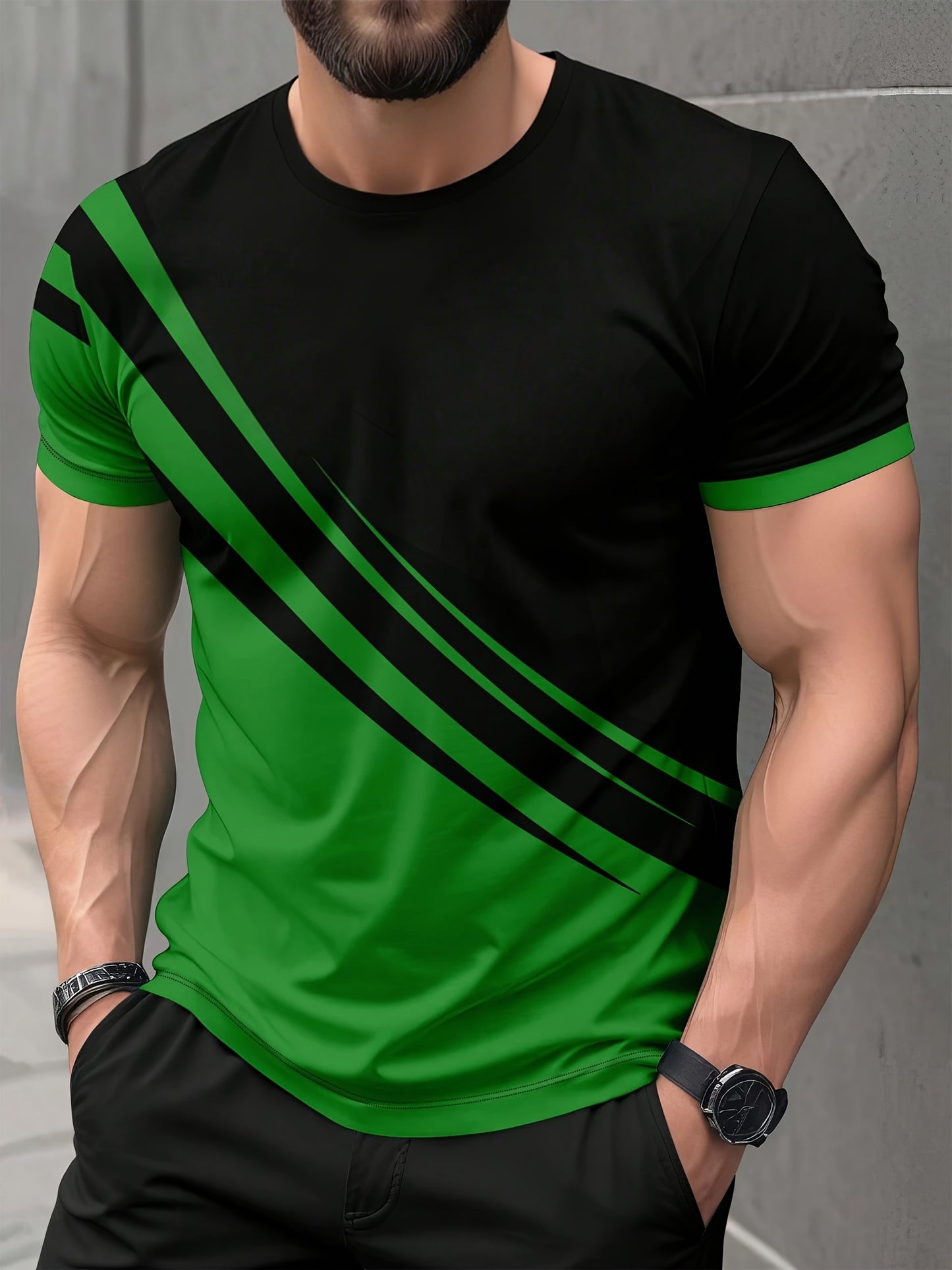 Men'S Casual T-Shirt with Bold Green & Black Striped Design - Breathable Short Sleeve Round Neck Tee,